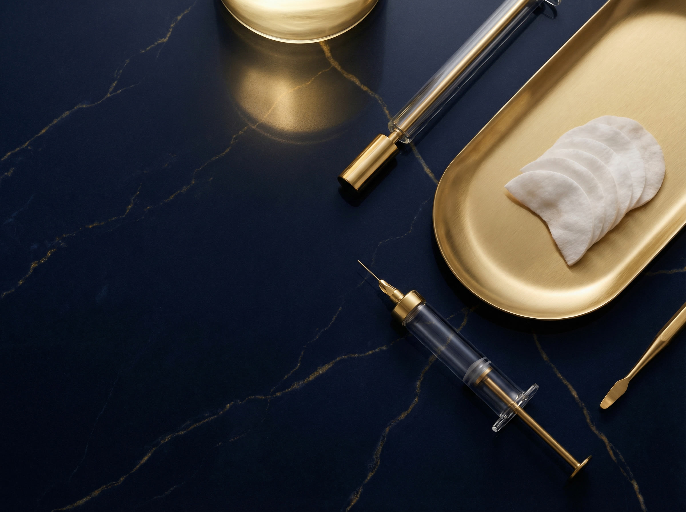 Instrumentos de harmonização facial dispostos com elegância sobre superfície escura